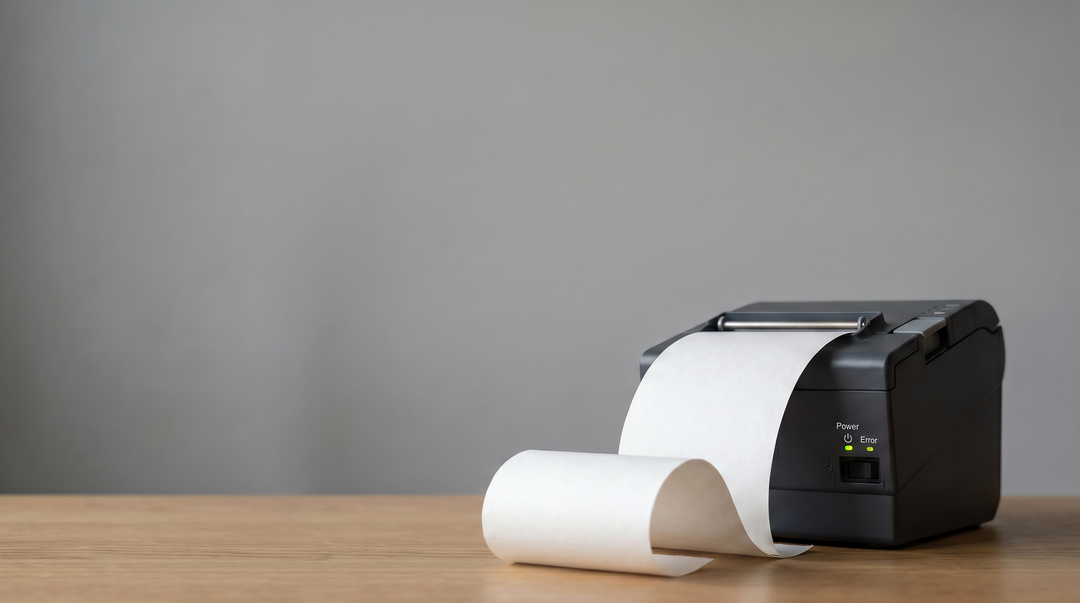 Clean thermal printer on a desk with receipt paper