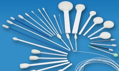 "Super Brush foam swabs in multiple tip shapes and handle configurations on a blue background."
