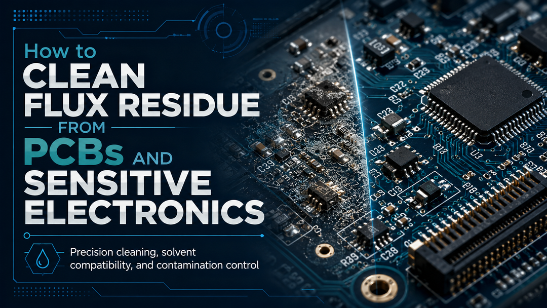 Infographic showing flux residue on a printed circuit board beside a clean PCB, illustrating precision cleaning, solvent compatibility, and contamination control for sensitive electronics.